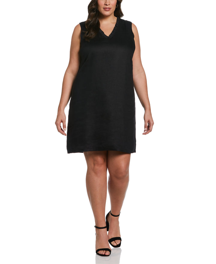 Ruffle Neck Linen Dress (Black) 