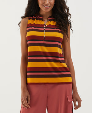 Striped Button Front Ruffle Tank Top (Golden Glow) 