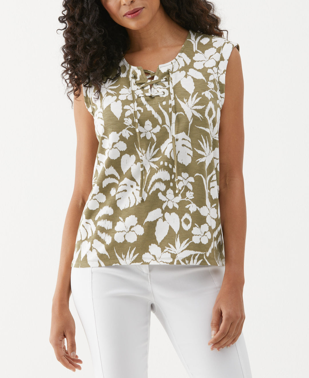 Tropical Print Lace-Up Tank Top (Aloe) 