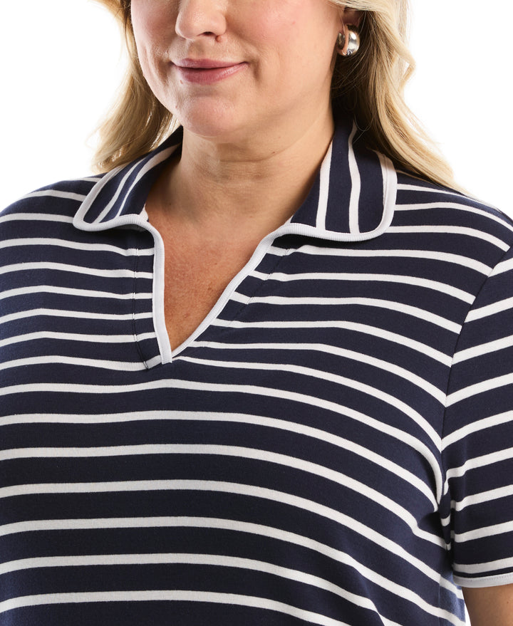 Plus Size Striped Contrast Trim Johnny Collar Polo (Peacoat) 