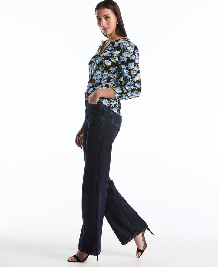 Floral Print Shirred Top (Black) 