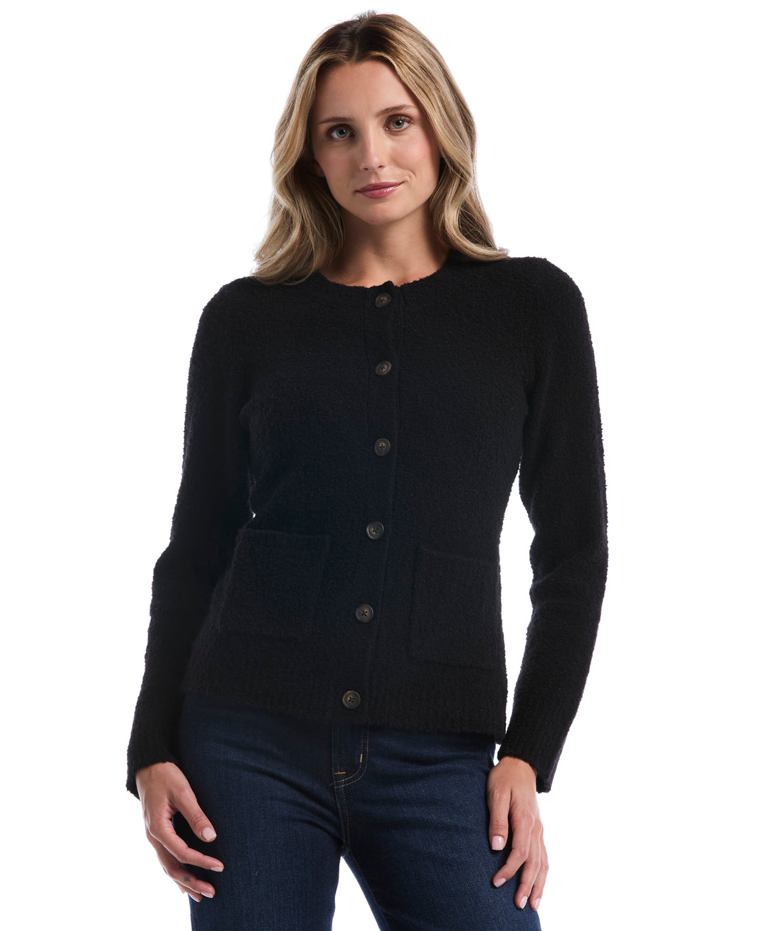 Teddy Boucle Patch Pocket Cardigan (Black) 