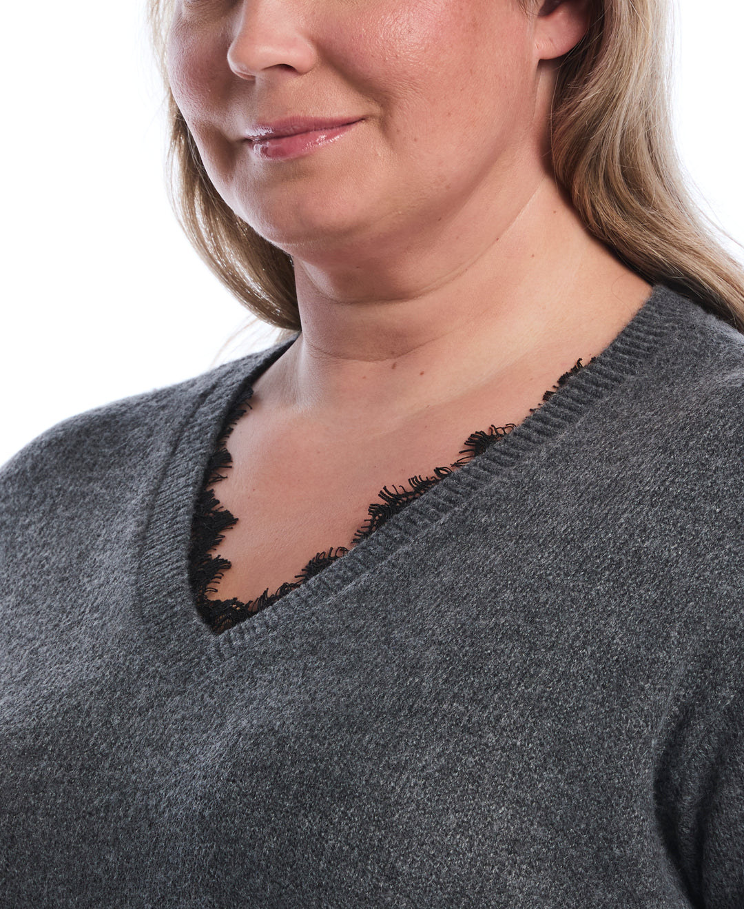 Plus Size Lace Trim V-Neck Sweater (Charcoal) 