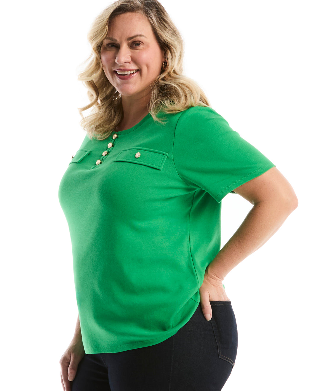 Plus Size Welt Pocket Button Detail Top (Fern Green) 