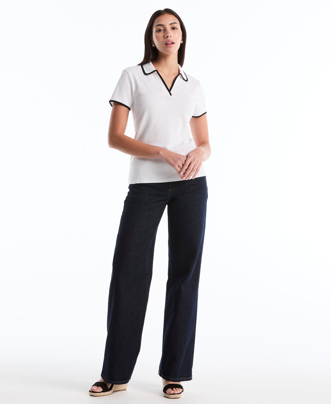 Contrast Trim Johnny Collar Polo (White) 