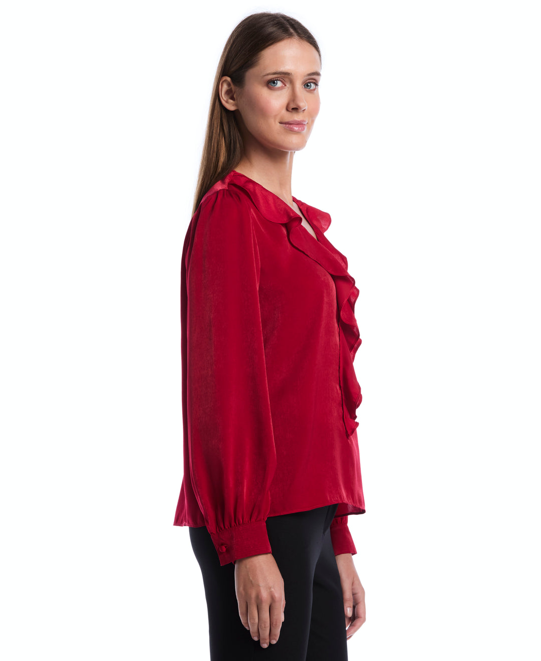 Petite Ruffle V-Neck Blouse (Jester Red) 
