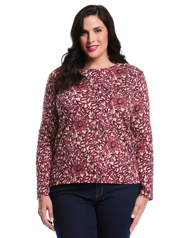 Plus Size Elegant Print Laced Crew Neck Top (Beetroot Purple) 