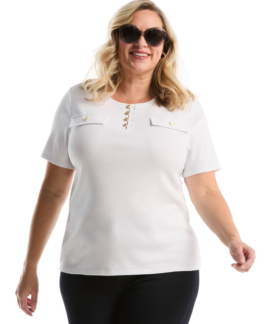 Plus Size Welt Pocket Button Detail Top (White) 