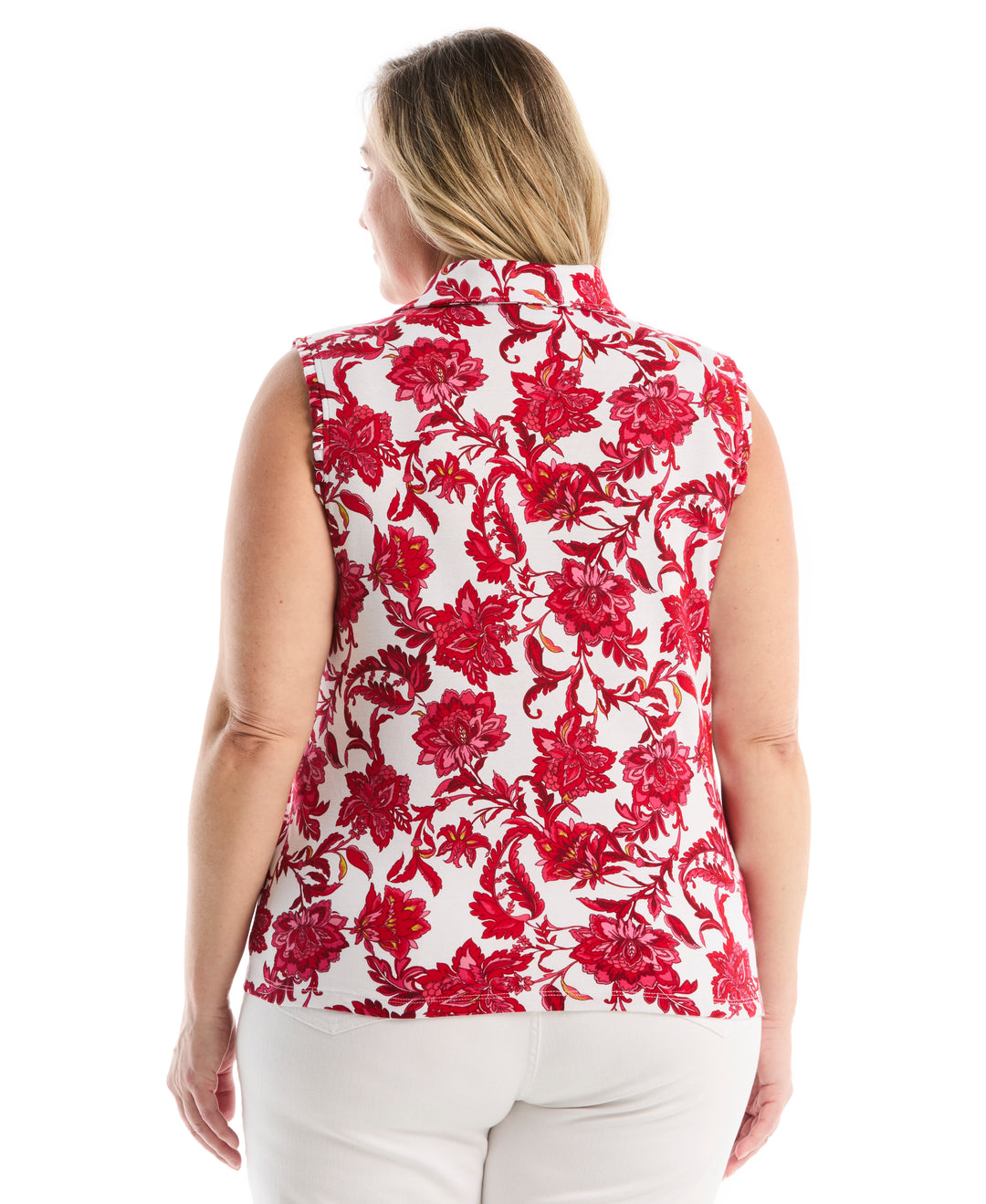 Plus Size Botanical Print Ruffle Trim Polo (Raspberry) 