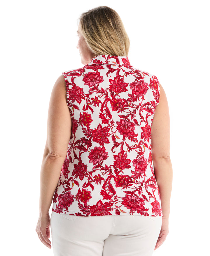Plus Size Botanical Print Ruffle Trim Polo (Raspberry) 