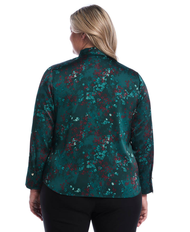 Plus Size Floral Tie Neck Patch Pocket Blouse (Ponderosa Pine) 