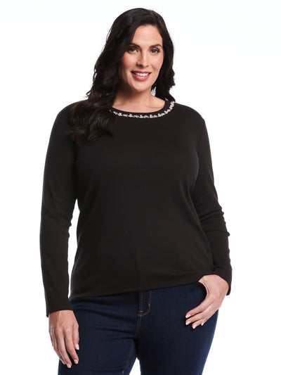 Plus Size Embellished Neck Top (Black) 
