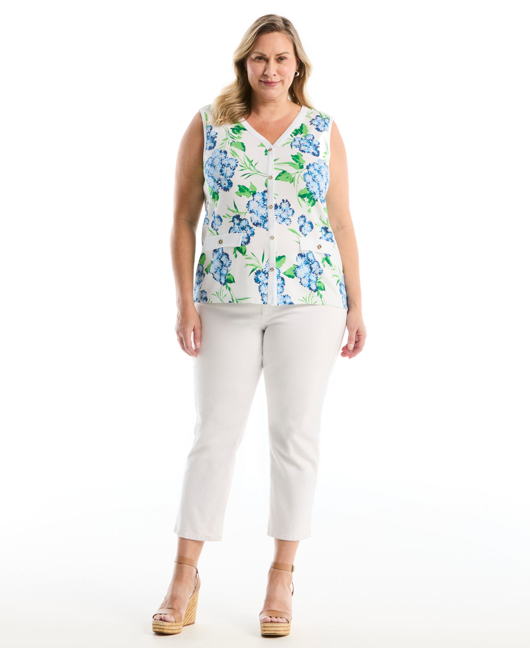 Plus Size Pom Floral Print Button Front Tank Top (White) 