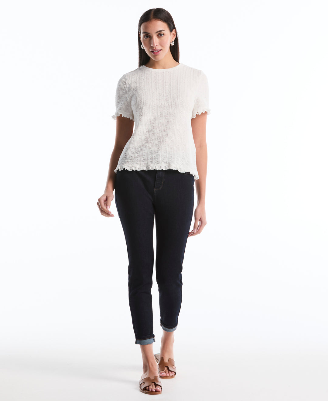 Puckered Ruffle Sleeve Top (Star White) 