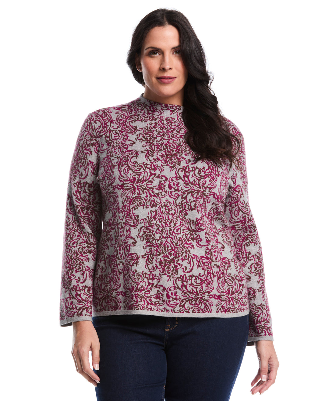 Plus Size Floral Paisley Print Mock Neck Sweater (Magenta Purple) 