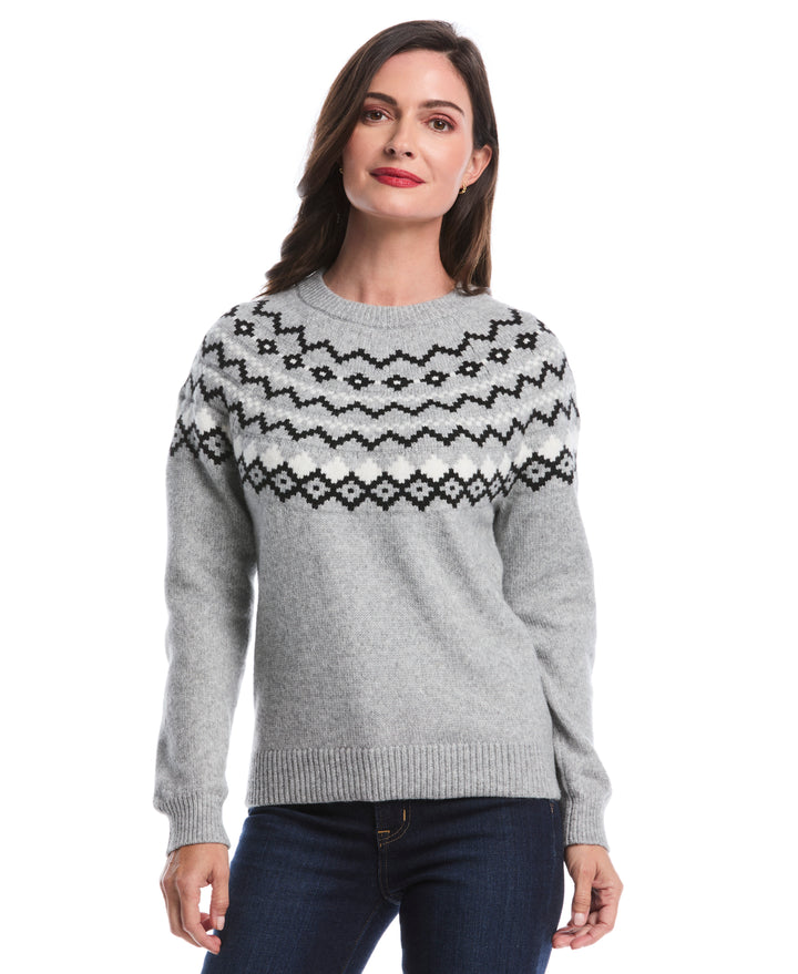 Petite Crew Neck Fair Isle Sweater (Dove Grey Heather) 