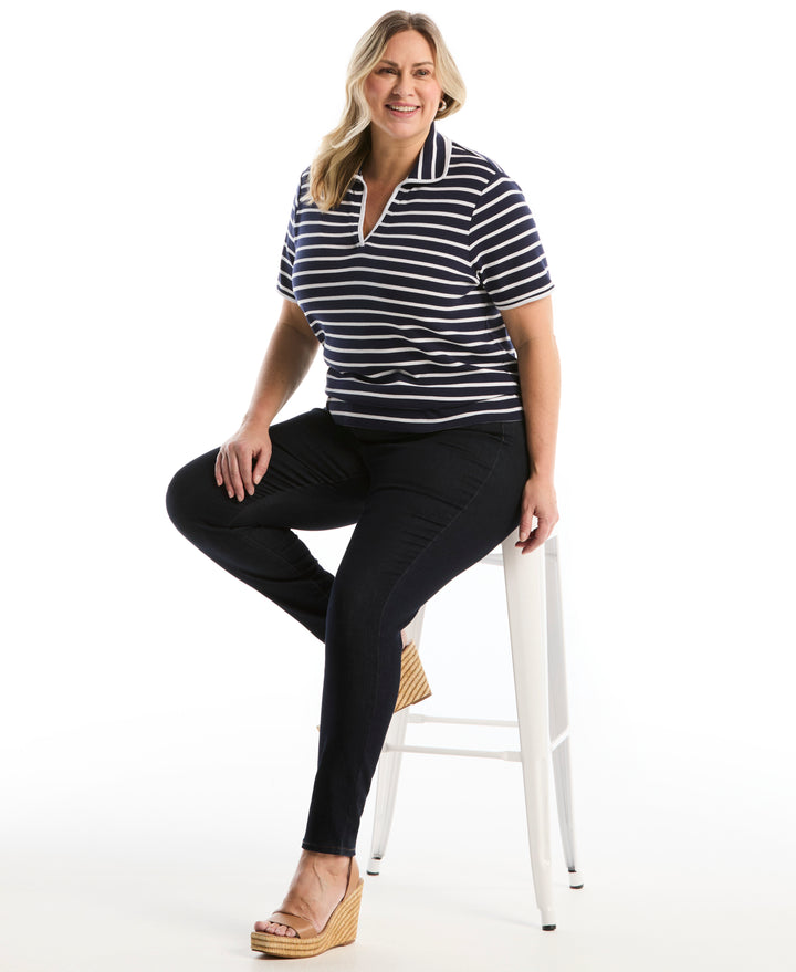 Plus Size Striped Contrast Trim Johnny Collar Polo (Peacoat) 