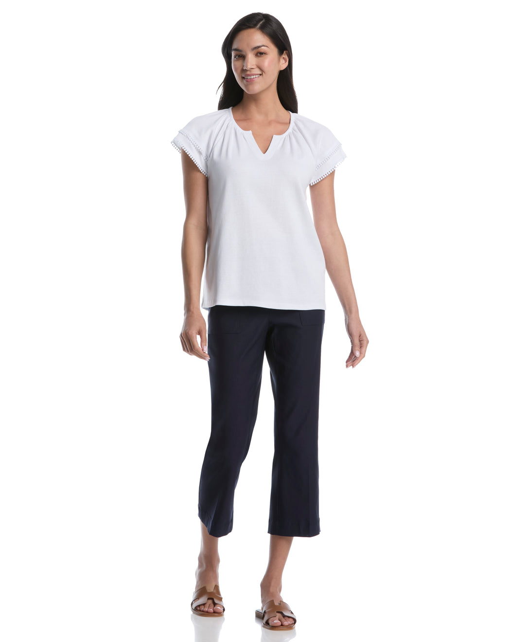 Petite Eyelet Flutter Sleeve Split Neck Top (White) 