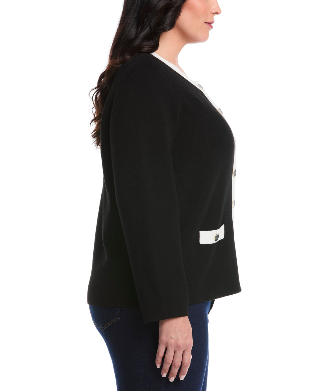 Plus Size Contrast Placket Button-Up Cardigan (Black) 