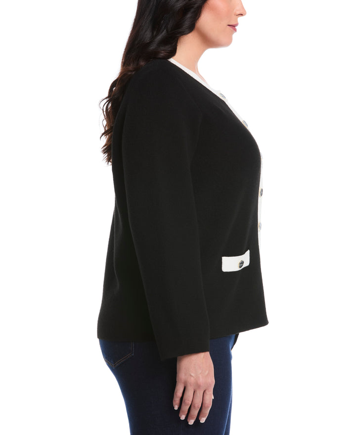Plus Size Contrast Placket Button-Up Cardigan (Black) 