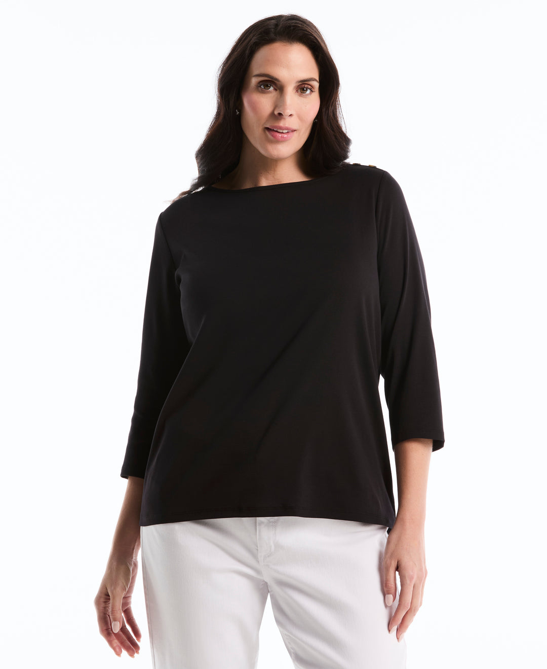 Plus Size Button Detail 3/4 Sleeve Top (Black) 