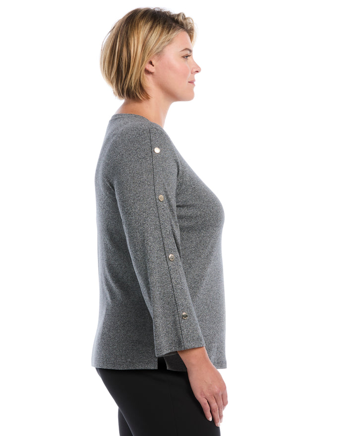 Plus Size Stud Trim Wide Sleeve Top (Salt And Pepper Hthr) 