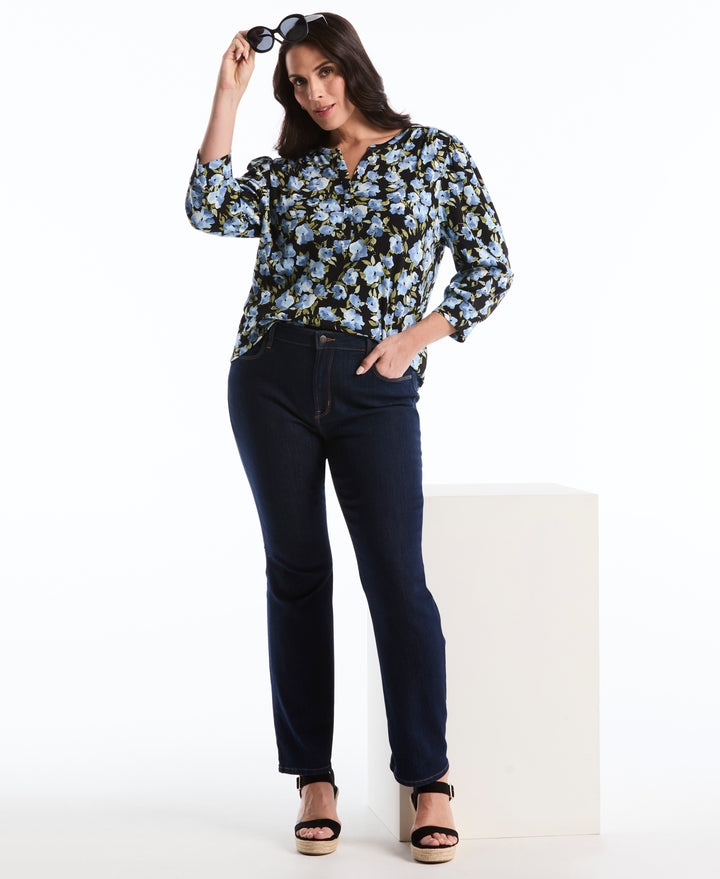 Plus Size Floral Print Shirred Top (Black) 