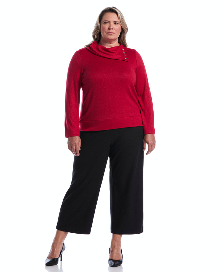 Plus Size Button Tab Wide Leg Ponte Pant (Phantom Heather) 