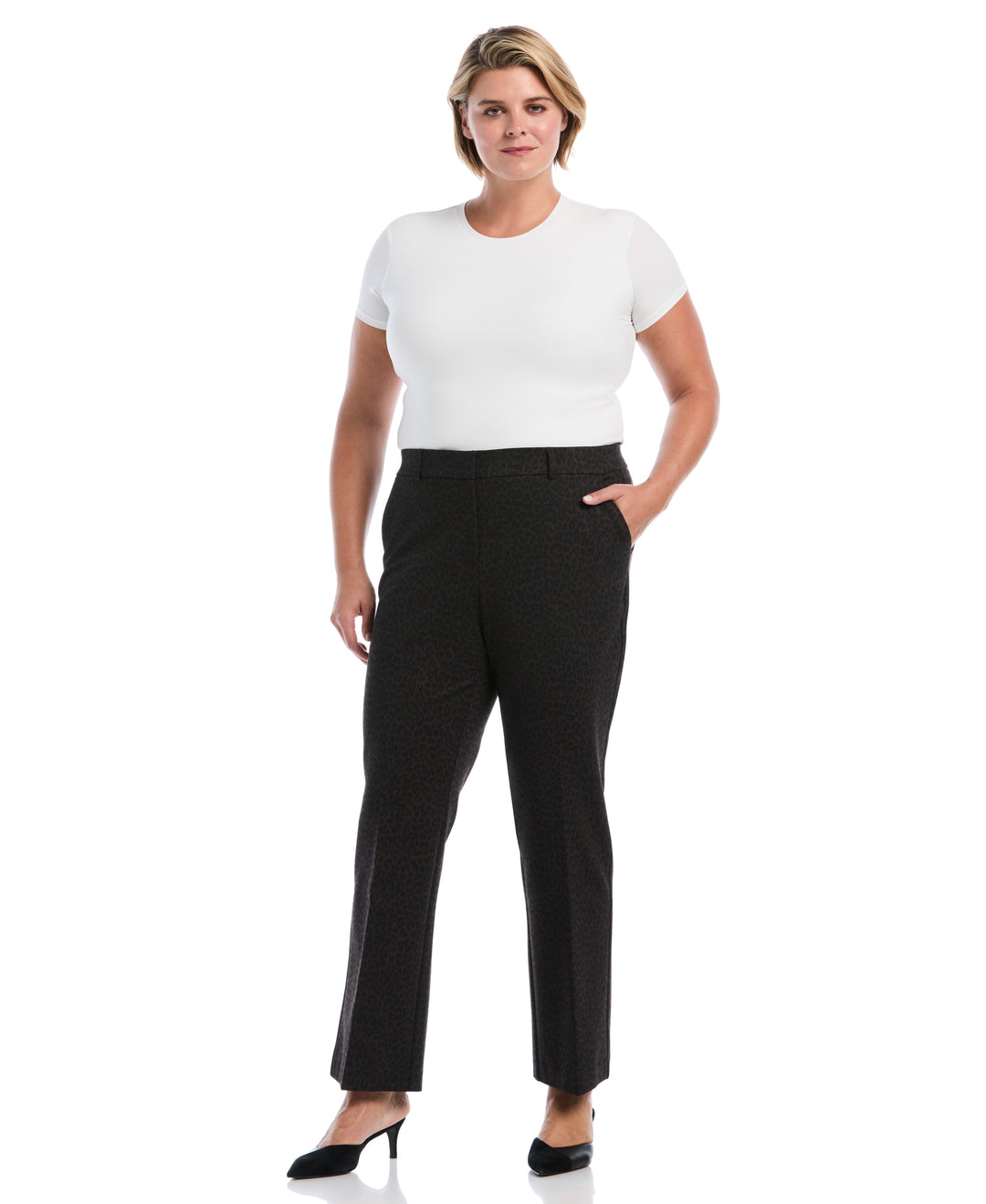 Plus Size Animal Print Fly Front Bootcut Pant (Black) 