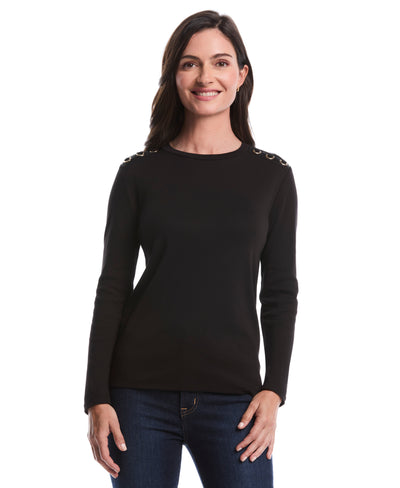 Petite Laced Crew Neck Top (Black) 