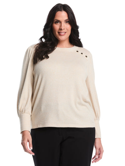 Plus Size Metallic Puff Sleeve Crew Neck Top (Wheat Heather) 