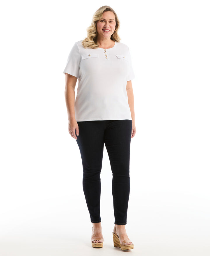 Plus Size Welt Pocket Button Detail Top (White) 