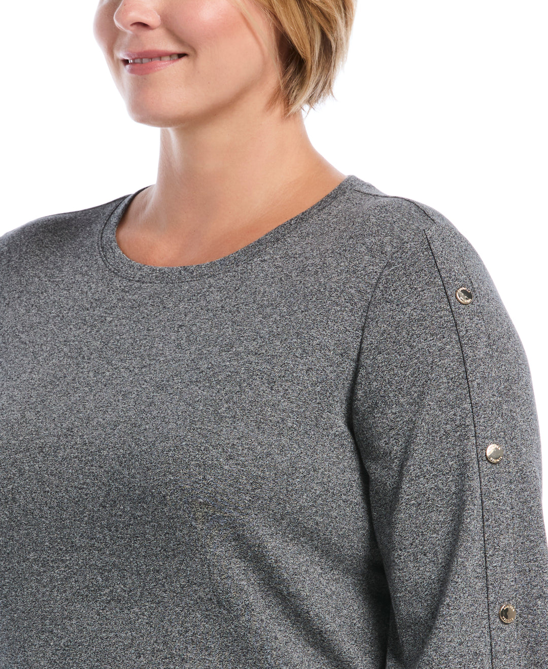 Plus Size Stud Trim Wide Sleeve Top (Salt And Pepper Hthr) 