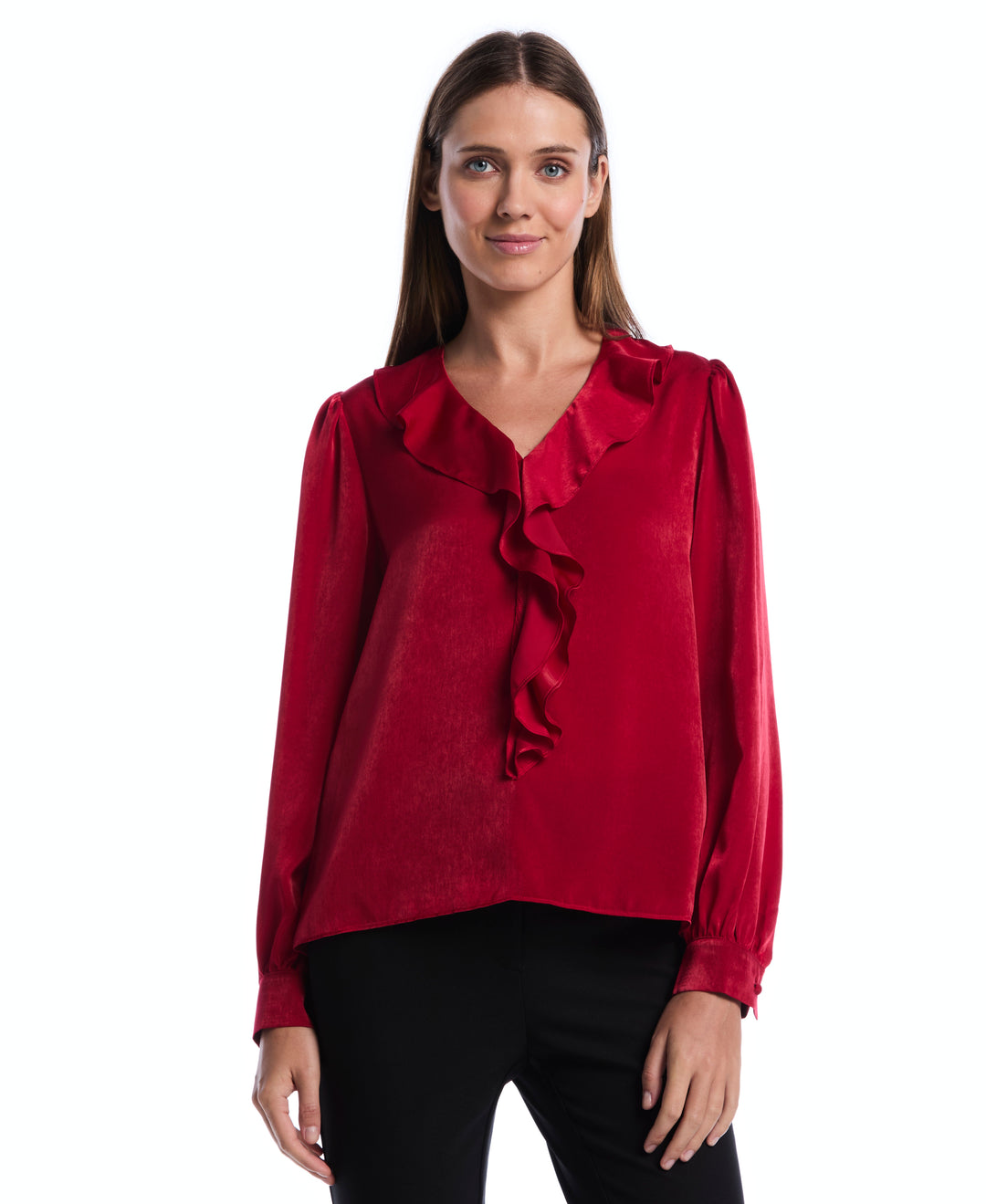 Petite Ruffle V-Neck Blouse (Jester Red) 