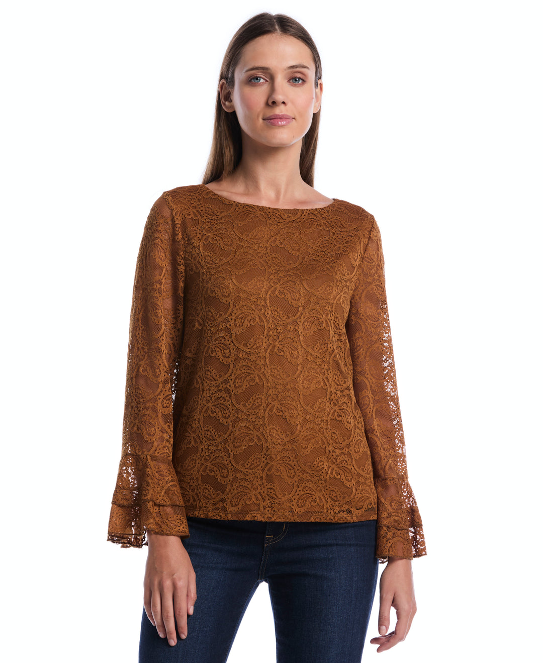 Petite Lace Ruffle Sleeve Boatneck Top (Monks Robe) 