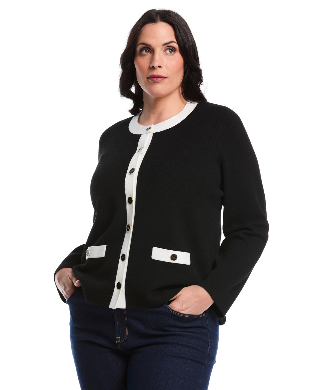 Plus Size Contrast Placket Button-Up Cardigan (Black) 
