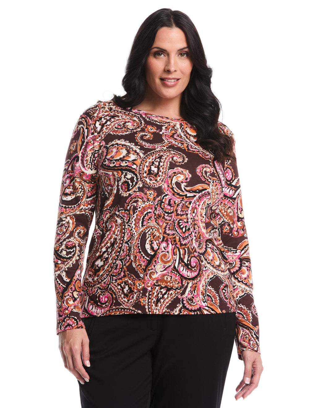 Plus Size Paisley Print Laced Crew Neck Top (Decadent Chocolate) 