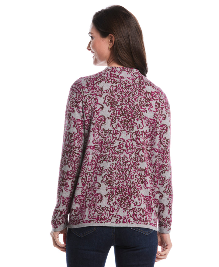 Floral Paisley Print Mock Neck Sweater (Magenta Purple) 