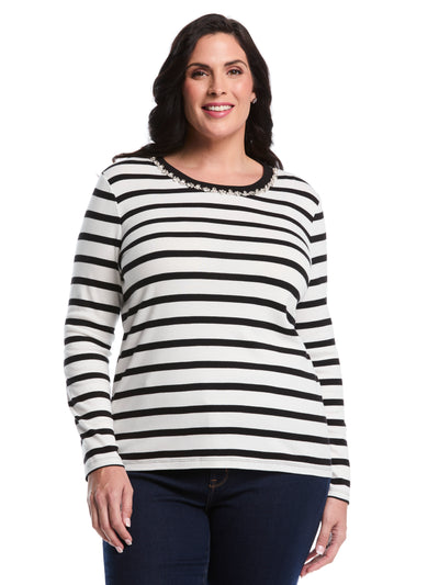 Plus Size Striped Print Embellished Neck Top (Star White) 