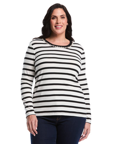 Plus Size Striped Print Embellished Neck Top (Star White) 