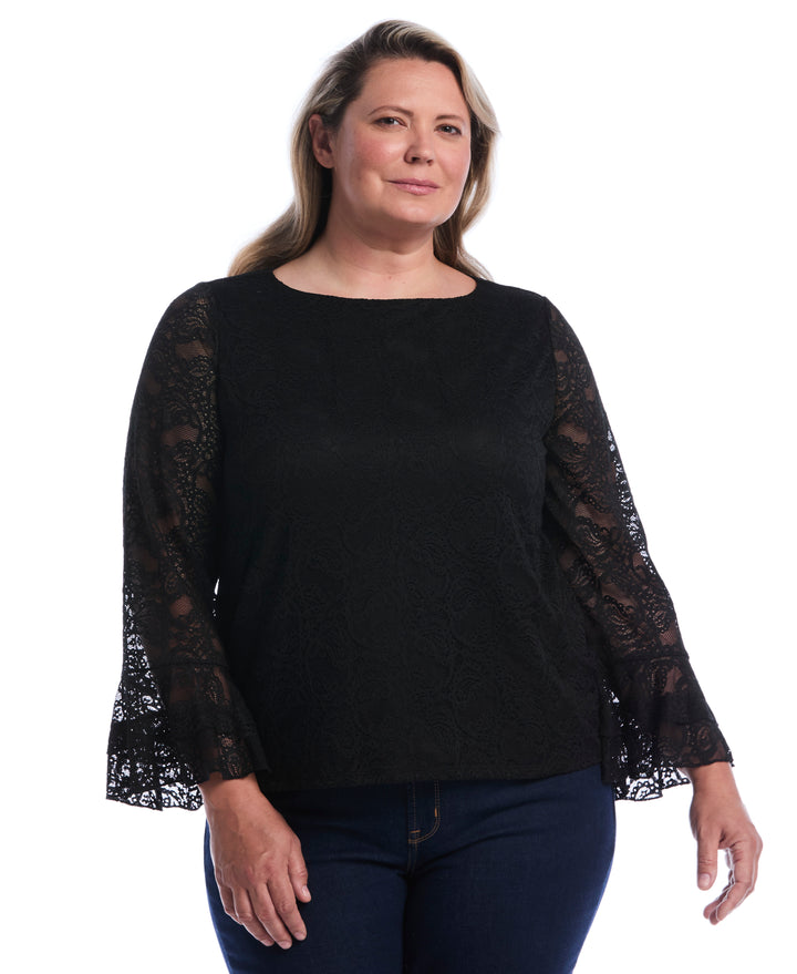 Plus Size Lace Ruffle Sleeve Boatneck Top (Black) 