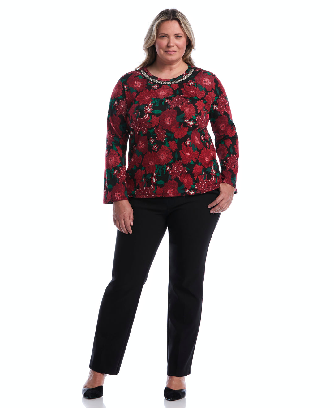 Plus Size Floral Print Embellished Neckline Top (Jester Red) 
