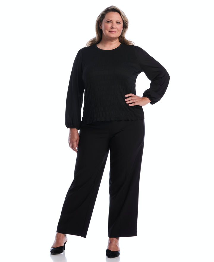 Plus Size Puff Sleeve Crew Neck Top (Black) 