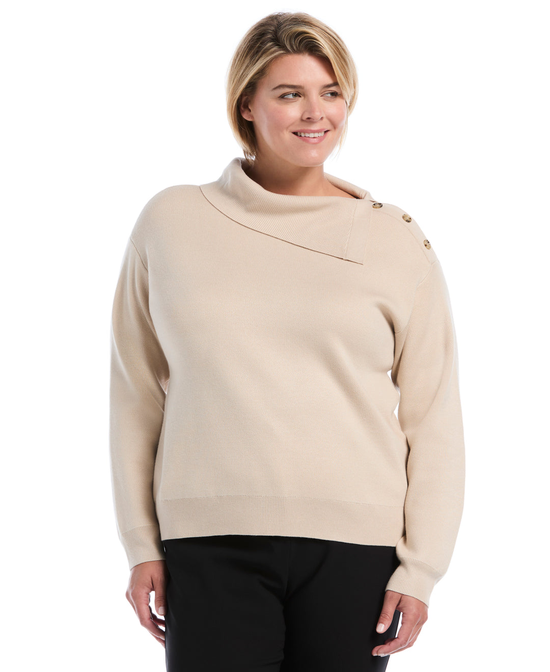 Plus Size Split Neck Button Detail Sweater (Oatmeal) 