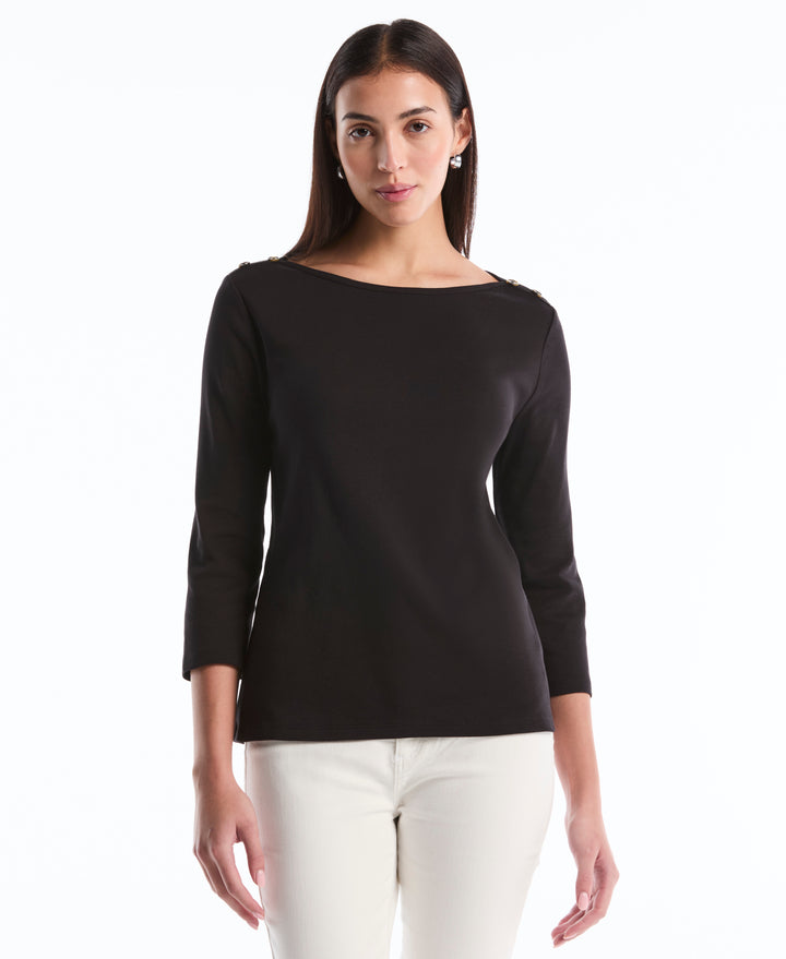 Button Detail 3/4 Sleeve Top (Black) 