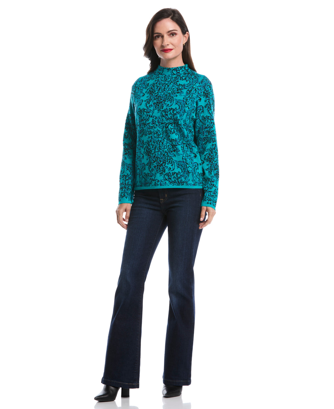 Floral Paisley Print Mock Neck Sweater (Tropical Green) 