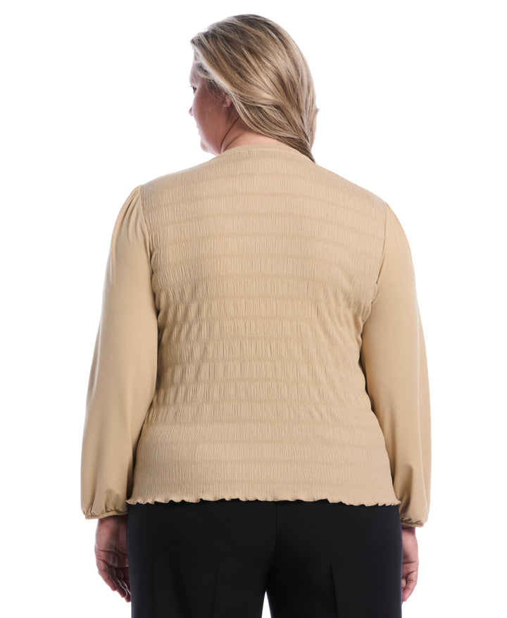 Plus Size Puff Sleeve Crew Neck Top (Oatmeal) 