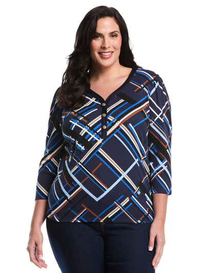 Plus Size Tossed Stripe Print 3/4 Puff Sleeve V-Neck Top (Nautical Blue) 
