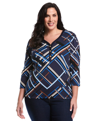 Plus Size Tossed Stripe Print 3/4 Puff Sleeve V-Neck Top (Nautical Blue) 