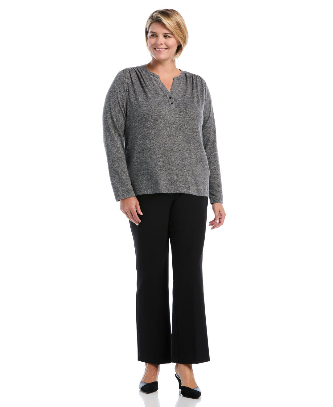 Plus Size Shirred Split Neck Top (Salt And Pepper Hthr) 